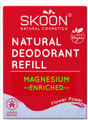 Skoon Deo Refill Flower Power natural deodorant refill in 40g, featuring floral packaging and eco-friendly design.