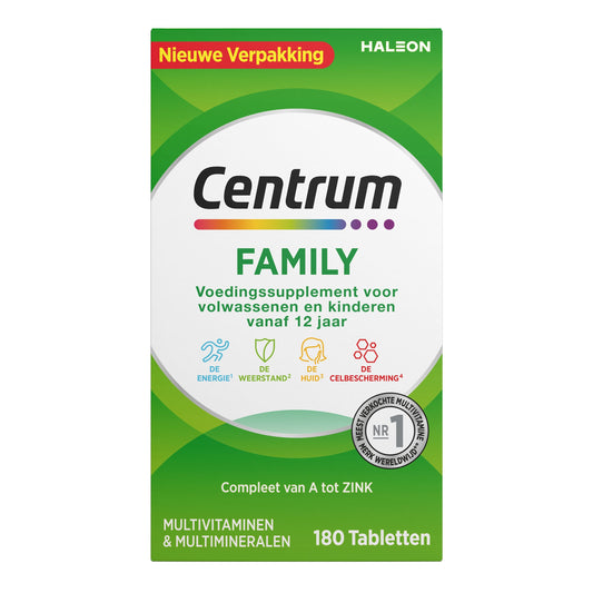 Centrum Family multivitamin tablets in a bottle, dietary supplement by Centrum for overall health and wellness.
