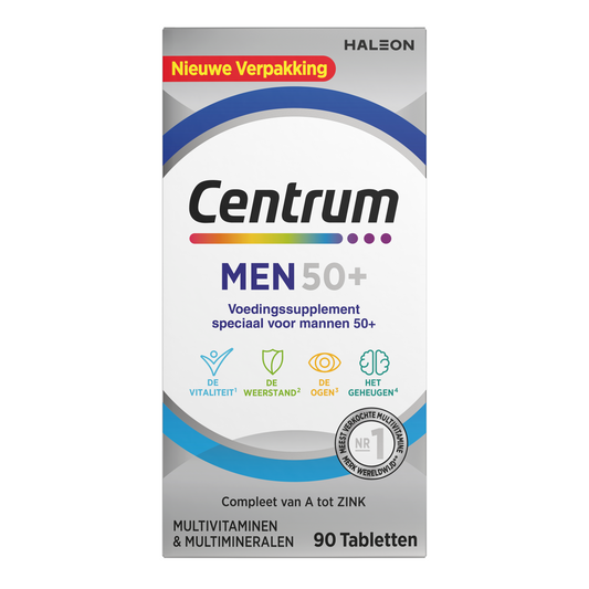Centrum Men 50+ advanced multivitamin tablets, dietary supplement for men's health, shown in bottle with 90 tablets.