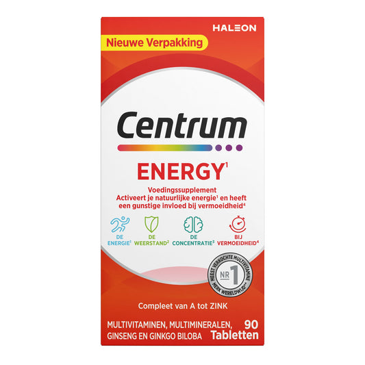 Centrum Energy advanced multivitamin tablets in blister pack, featuring colorful round pills for daily vitamin support.