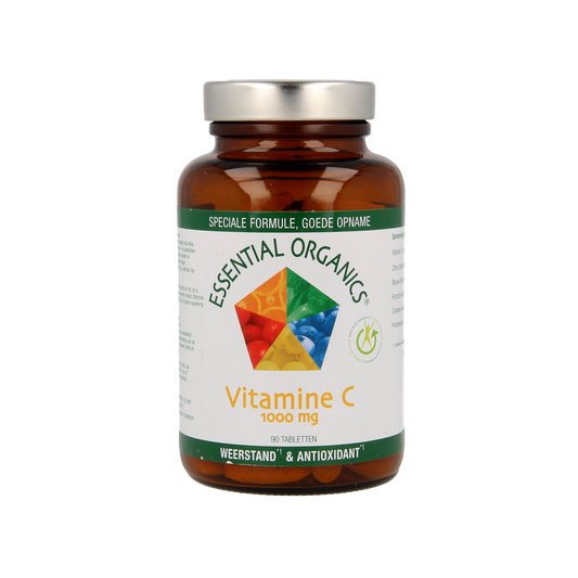 Essential Organics Vitamin C 1000mg tablets, bottle with 90 tablets, showing the supplement packaging and label.