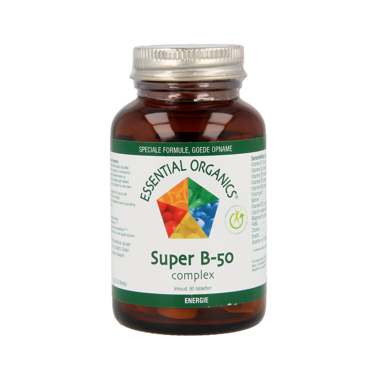 Essential Organ Super B50 complex vitamin tablets in a bottle, showing 90 multi-vitamin supplement tablets.