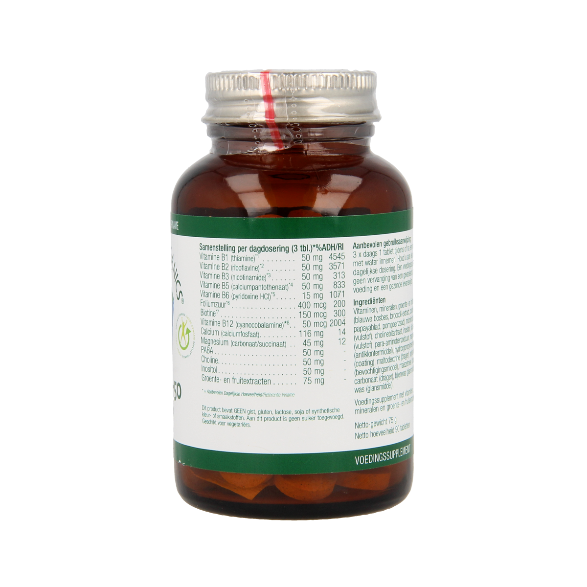 Essential Organ Super B50 complex multivitamin tablets in a blister pack, featuring colorful B-vitamin capsules.