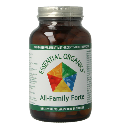 Essential Organics All Family Forte multivitamin tablets for adults and children, dietary supplement, 90-count bottle.