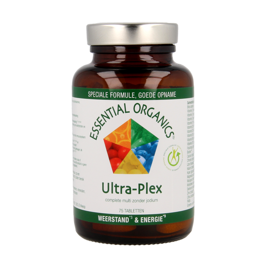 Essential Organics Ultra Plex multivitamin tablets showing a bottle of Essential Organics Ultra Plex vitamins.