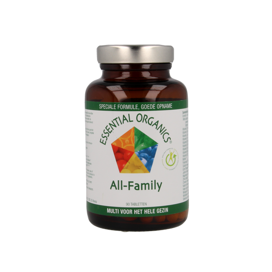 Essential Organics All Family multivitamin tablets in a container, designed for comprehensive daily nutritional support.