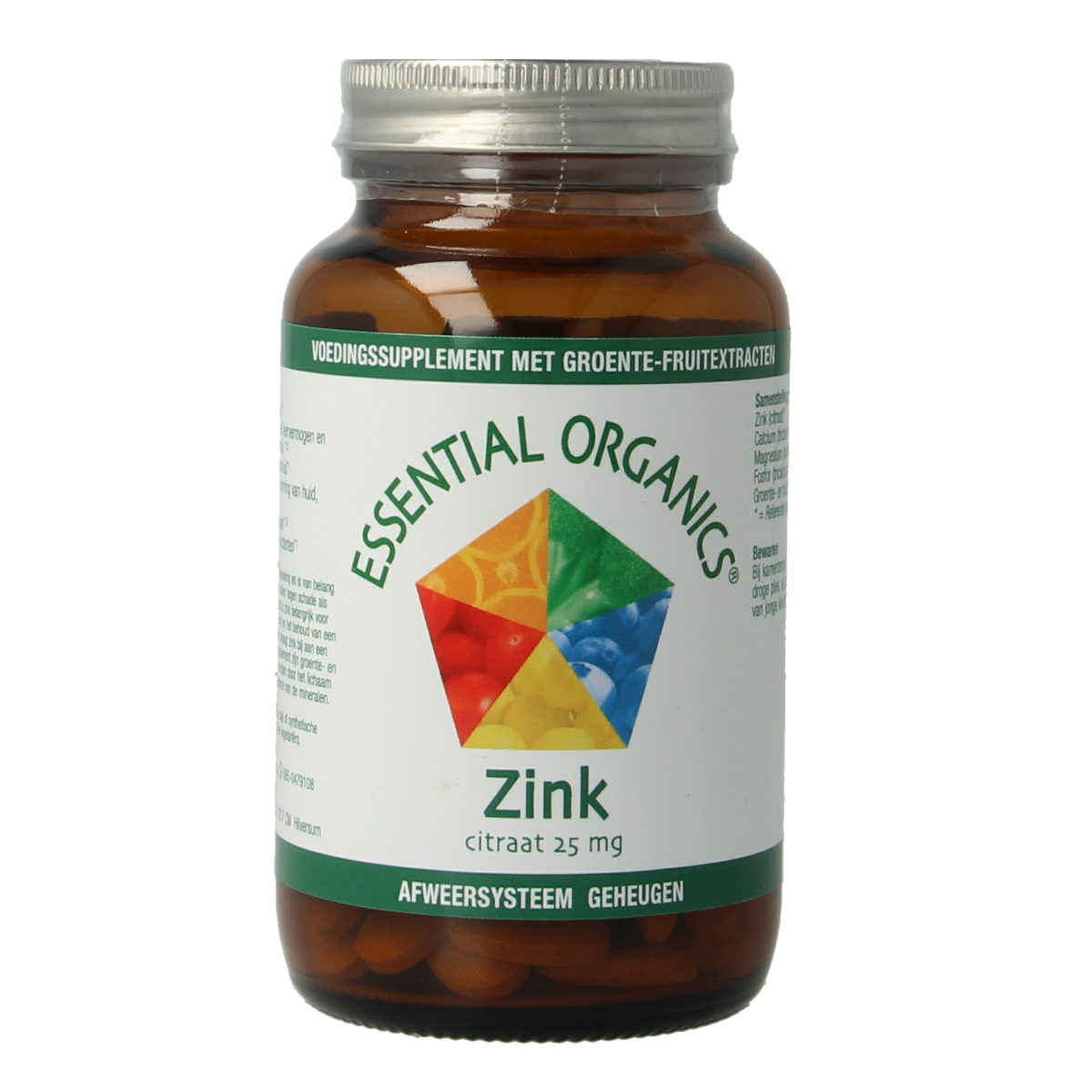 Essential Organ Zink 25mg mineral tablets, 90 count, showing the supplement bottle with zinc tablets inside.
