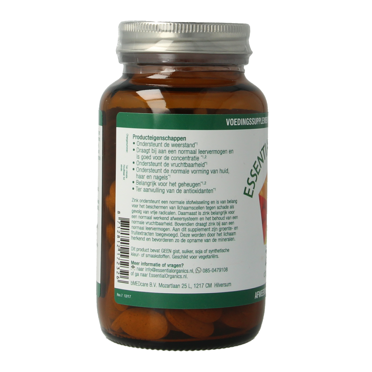 Essential Organ Zink 25mg mineral tablets, 90-count, showing the zinc supplement bottle with tablets and label details.
