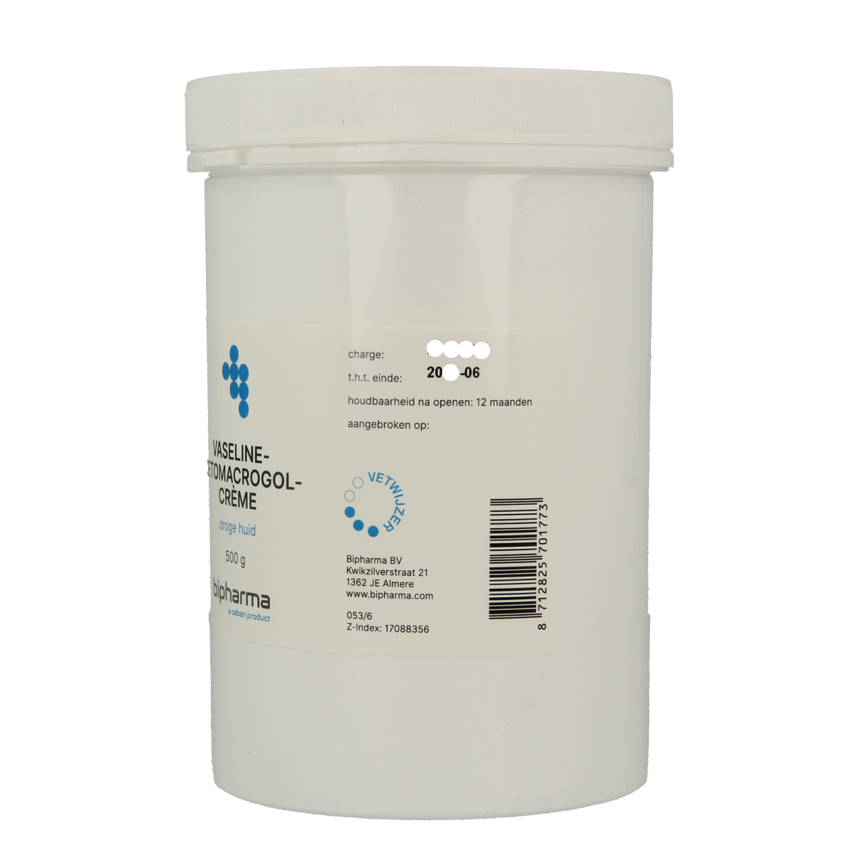 Bipharma Vaselinecetomacrogol Creme 500g, body care cream with soothing, moisturizing formula in a large jar.