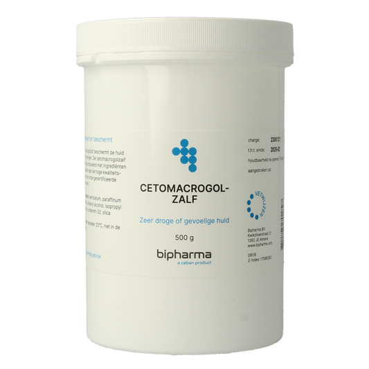 Bipharma Cetomacrogolzalf FNA 500g body care cream in a white jar with a blue lid, suitable for skin moisturizing and soothing.