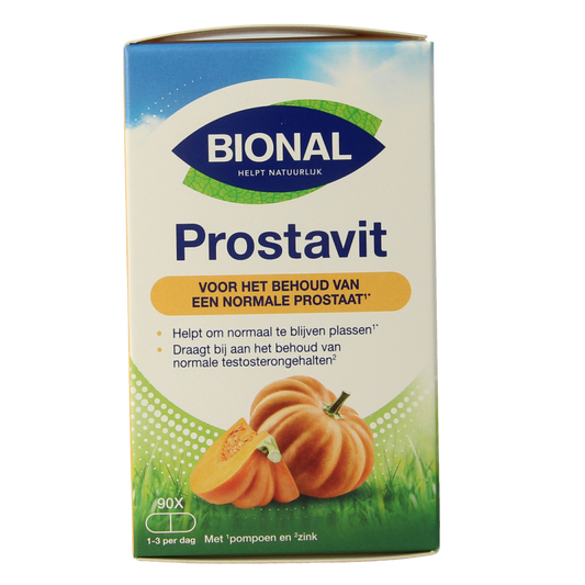 Bional Prostavit herbal supplement capsules, 90 count, in a transparent bottle with label, showing the capsules inside.