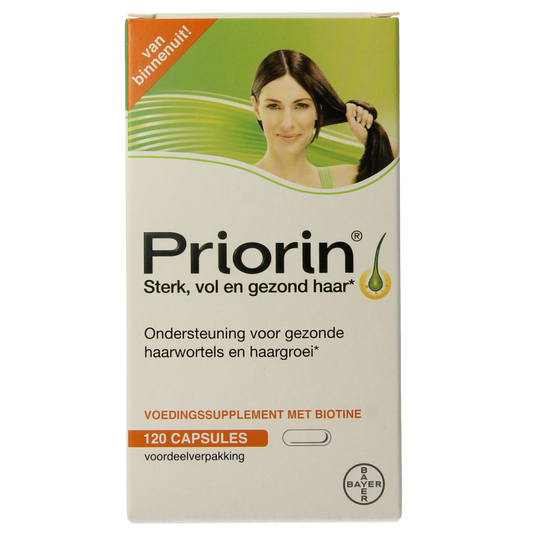 Priorin Gezond haar herbal supplement capsules in a bottle, natural ingredients for healthy hair, 120 capsules.