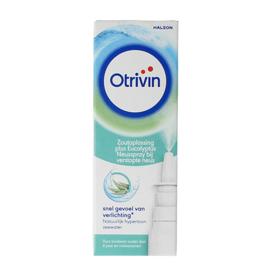 Otrivin Plus eucalyptus nasal spray bottle for nasal care and inhalation, 20ml, with a white and blue packaging design.