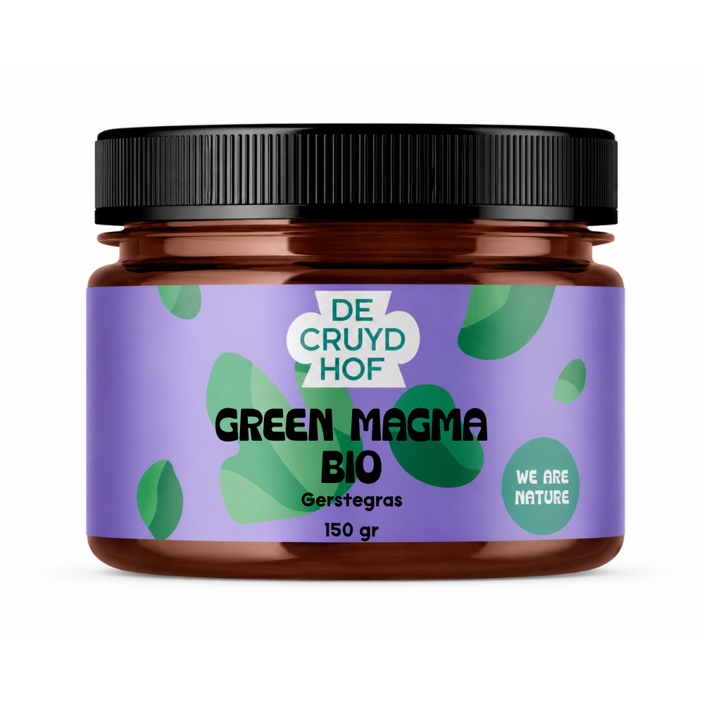 De Cruydhof Green Magma bio herbal supplement in 150g package, featuring fresh green powder with herbal ingredients.