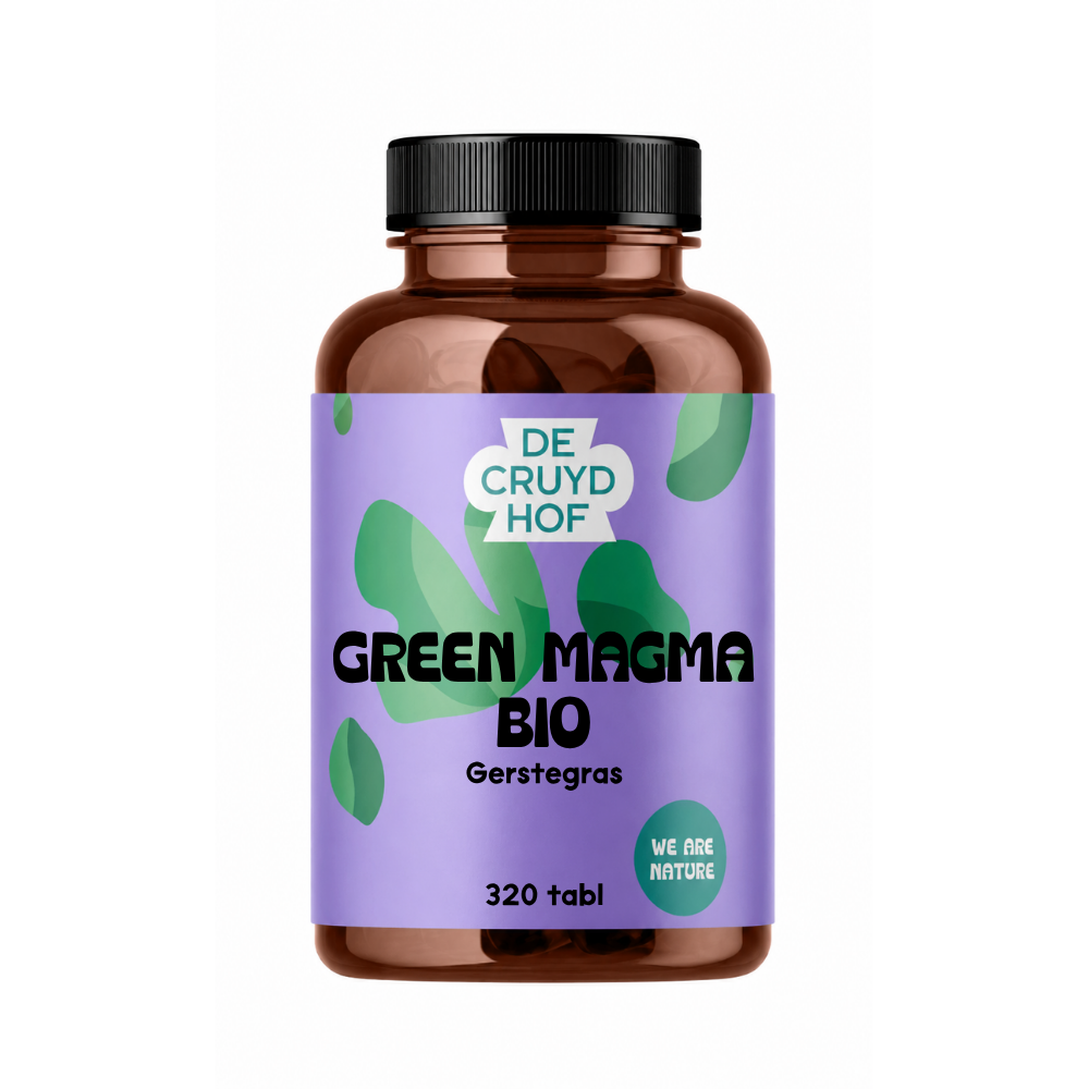De Cruydhof Green Magma bio herbal supplement tablets in a bottle, showcasing the product packaging and tablets inside