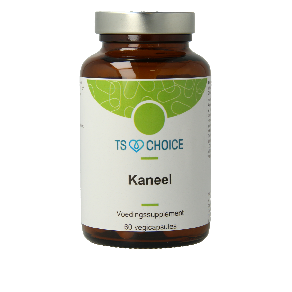 TS Choice Kaneel capsules, herbal supplement in a bottle, showcasing the product packaging and capsules.