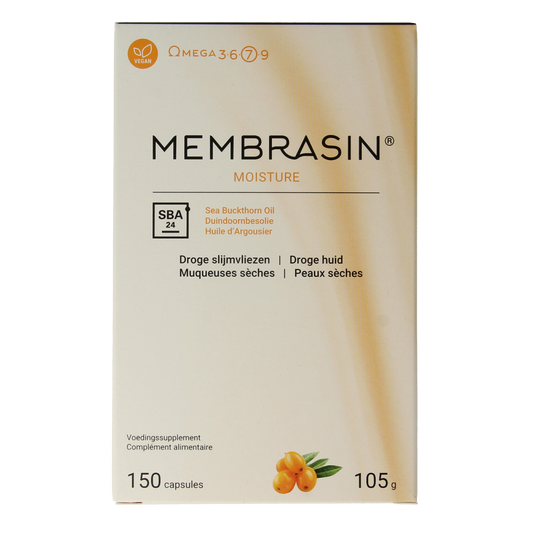 Membrasin Omega 7 capsules, dietary supplement with omega fatty acids, displayed in a clear bottle with capsules inside.