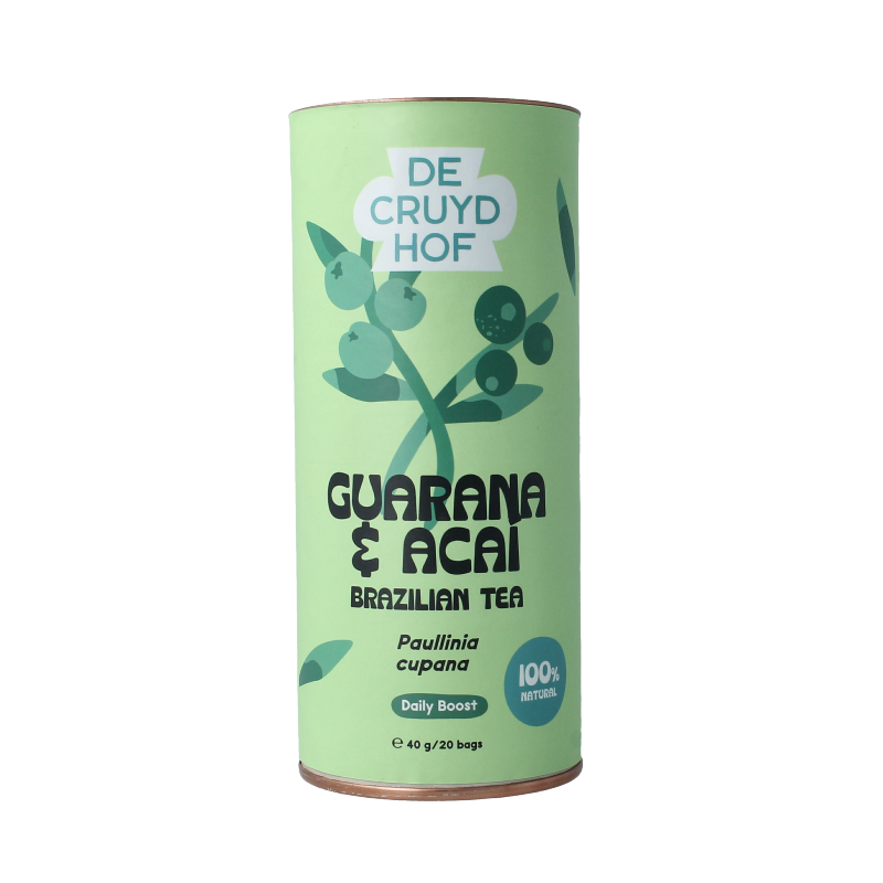 Cruydhof Thee with guarana and acai, 20 pieces, natural herbal tea blend in colorful packaging.
