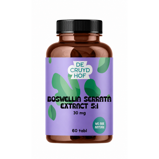 De Cruydhof Boswellia serrata extract 5:1 herbal supplement bottles with tablets in a natural setting