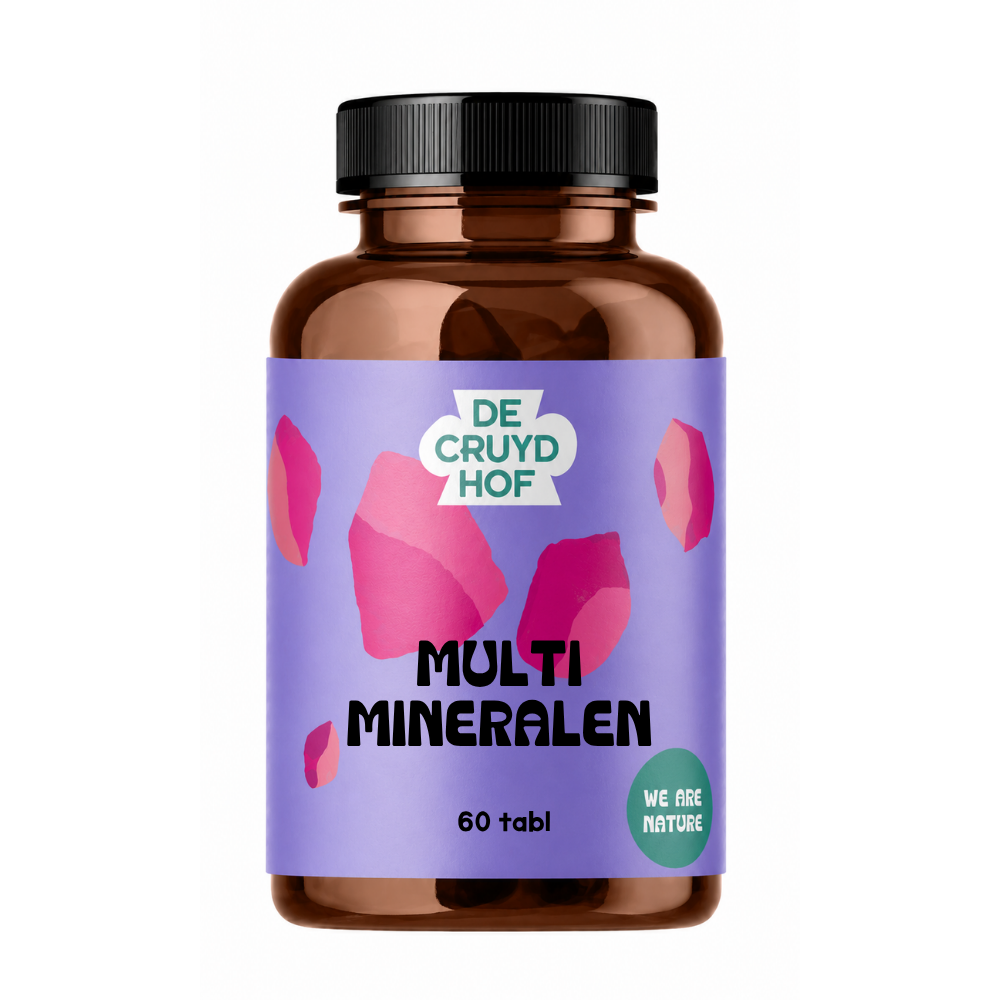 De Cruydhof Multi Mineralen supplement in a bottle with 60 tablets, natural dietary supplement and herbal preparation.