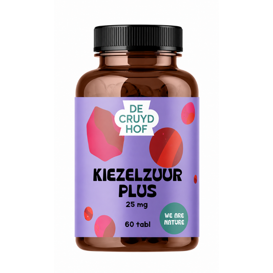 De Cruydhof Kiezelzuur plus supplement in a white bottle with 60 tablets, natural herbal dietary supplement for health support.