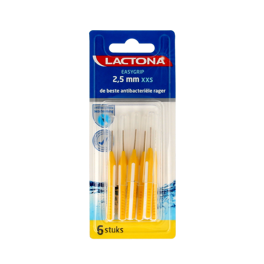 Lactona Easygrip XXS 2.5mm tandenstokers en ragers, 6 stuks, with easy-to-grip design for oral cleaning.