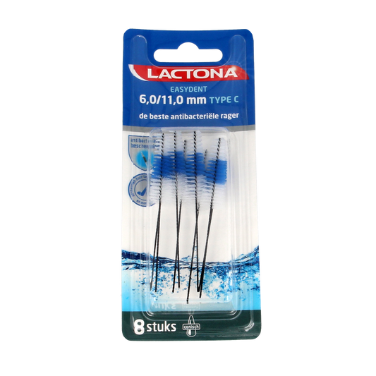 Lactona Easydent C 6-11mm dental floss picks, 8-pack, for cleaning between teeth and maintaining oral hygiene.