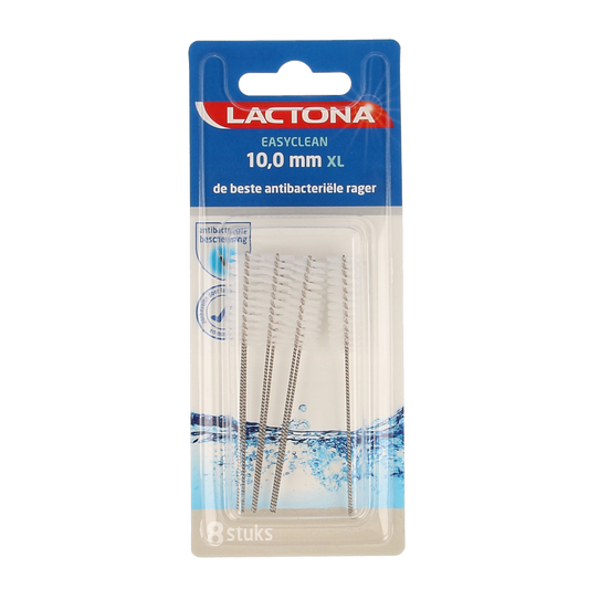 Lactona Easyclean XL 10.0mm dental floss picks and interdental cleaners in a package of 8, designed for effective oral hygiene.