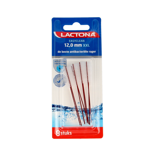 Lactona Easyclean XXL 12.0mm dental floss packs for oral hygiene and brushing control, shown in a set of 8 pieces.