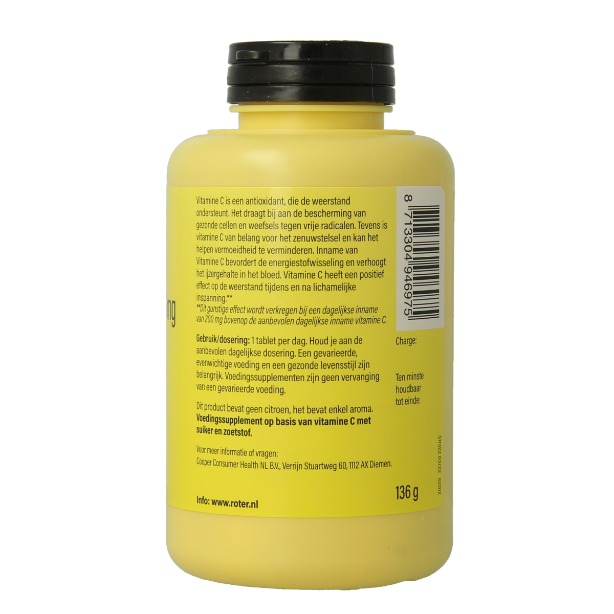 Roter Vitamine C 1000mg chewable tablets, natural supplement in a bottle, showing the colorful tablets and packaging.