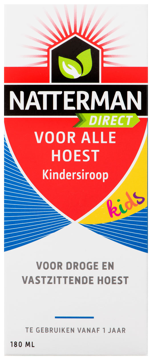 Natterman Hoesten voor alle hoest, 180ml, featuring the herbal remedy bottle with label and cap.