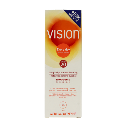 Vision High Medium SPF20 sunscreen lotion in 180ml bottle, designed for sun protection and skincare.