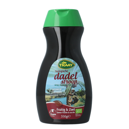 De Traay biologische dadelstroop fruitig en zoet in 350g jar, showing the label and rich caramel-colored syrup inside.