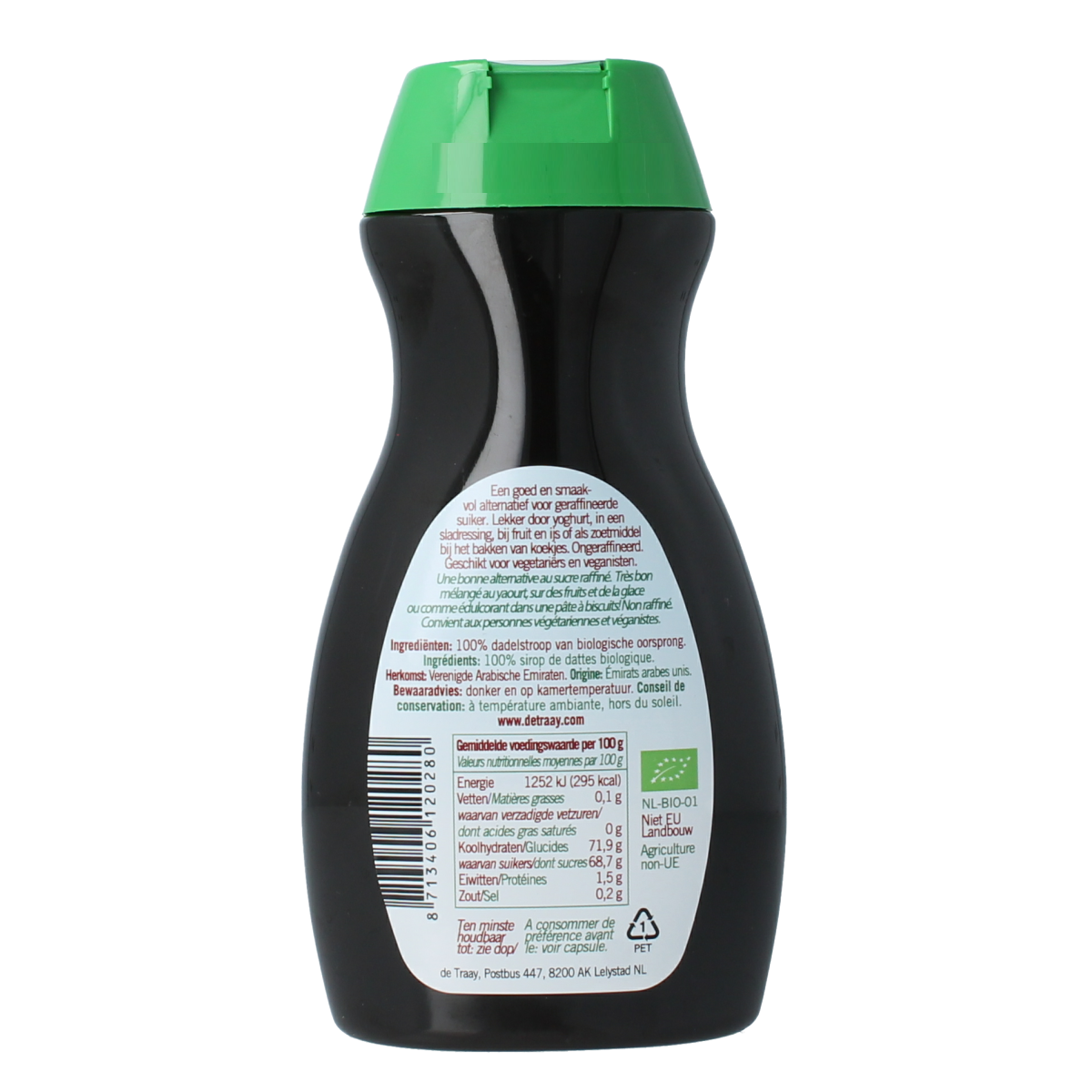 De Traay Dadelstroop fruitig en zoet bio, 350g jar, with a label showing natural, organic date syrup product.