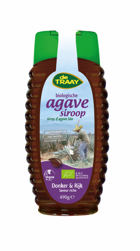 Dark organic agave syrup by de Traay in a 490g bottle, natural sweetener for culinary and health use.