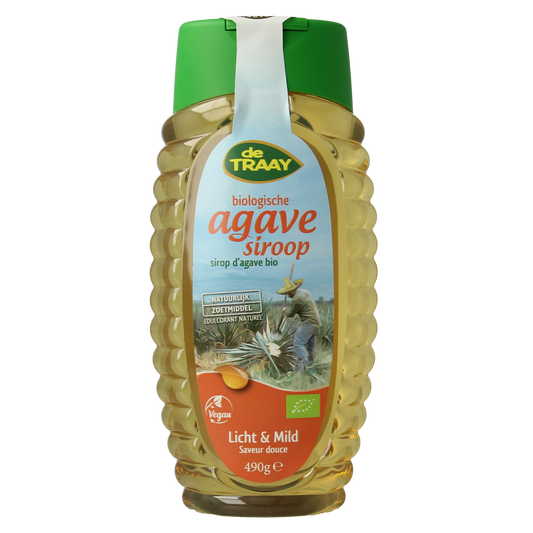 de Traay agavesiroop licht en mild biologisch in een 490g fles, zoetstof en suikers, natuurlijke plantaardige zoetmaker