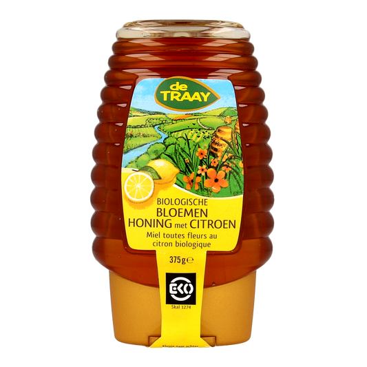 de Traay bloemenhoning met citroen in bio knijpfles, 365 gram, natural honey with lemon in squeeze bottle