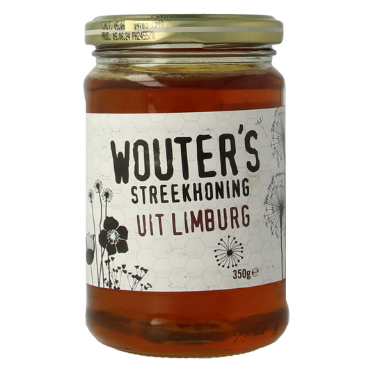 Jar of de Traay Wouters Limburg honey, 350g, with golden honey visible through the glass, showcasing natural bee product.