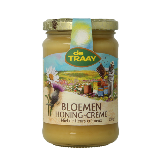 de Traay bloemen honing crème jar, 350g, showcasing the creamy honey product with a floral-inspired label design