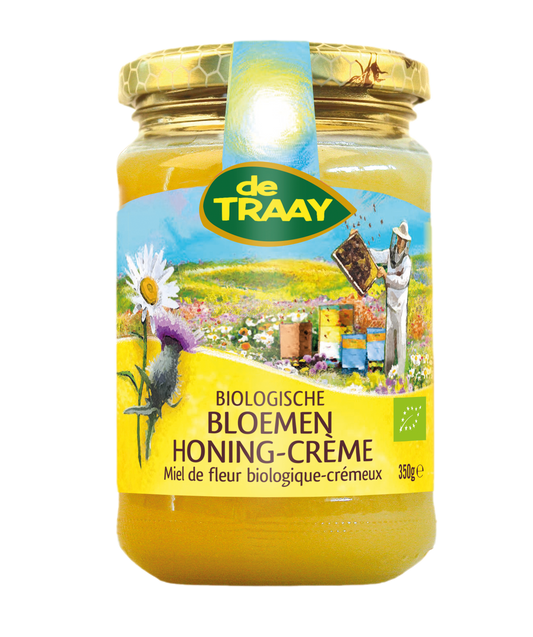de Traay Bloemen Honing Creme bio in 350g jar, smooth honey spread with floral notes, natural and organic honey product