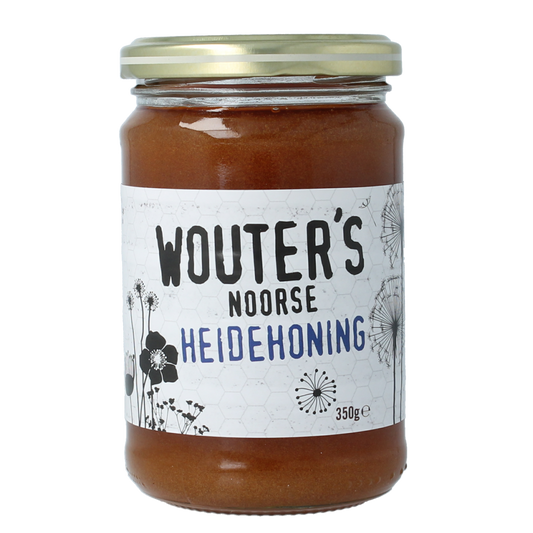 Jar of de Traay Wouters Noorse heidehoning honey, 350 grams, with a natural honeycomb texture visible inside the glass container.