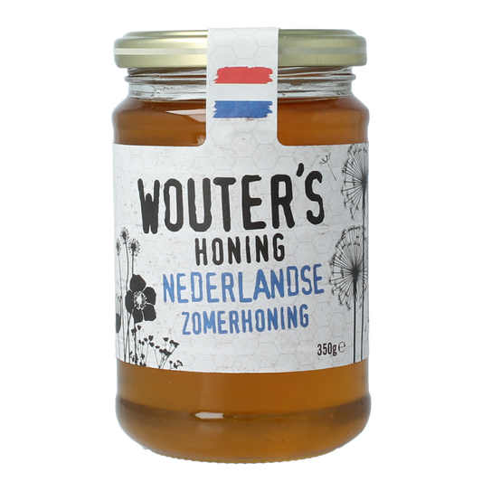 De Traay Wouters Nederlandse zomerhoning in 350g jar, golden honey with a smooth texture and natural floral aroma.