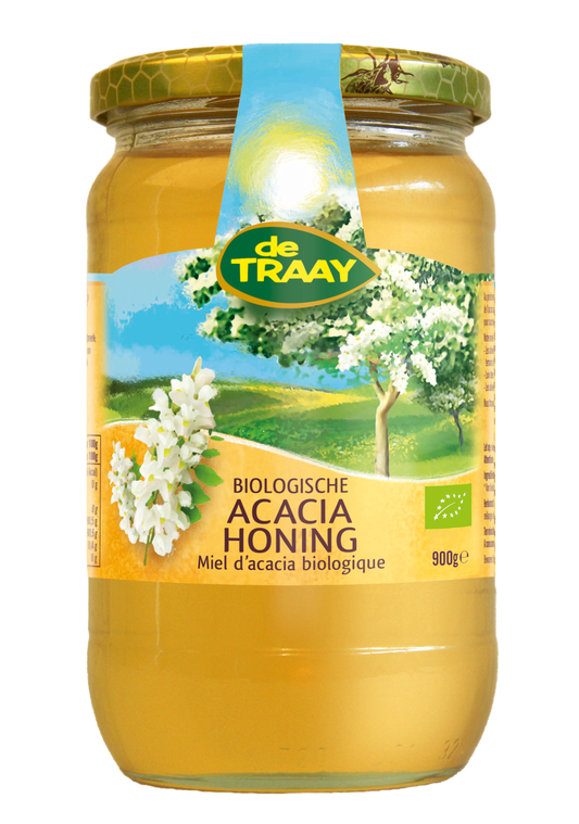 Organic de Traay Acaciahoning honey jar with golden honey visible, 900 grams, natural and pure acacia honey in a clear glass jar.
