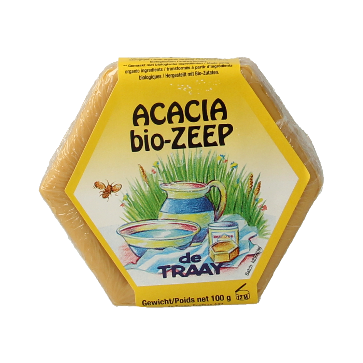 De Traay acacia and orange blossom soap bar, 100g, with natural ingredients and floral scent, shown in the image.