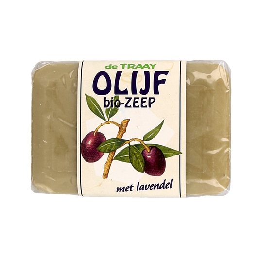De Traay olijf en lavendel zeep bar, 250g, with natural olive and lavender ingredients, displayed on a neutral background.