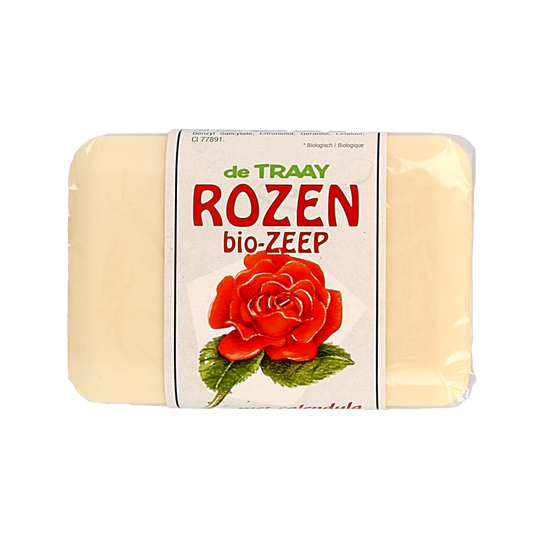 de Traay Zeep roos and calendula soap bar, 250g, with floral and herbal ingredients, shown with natural rose and calendula flowers