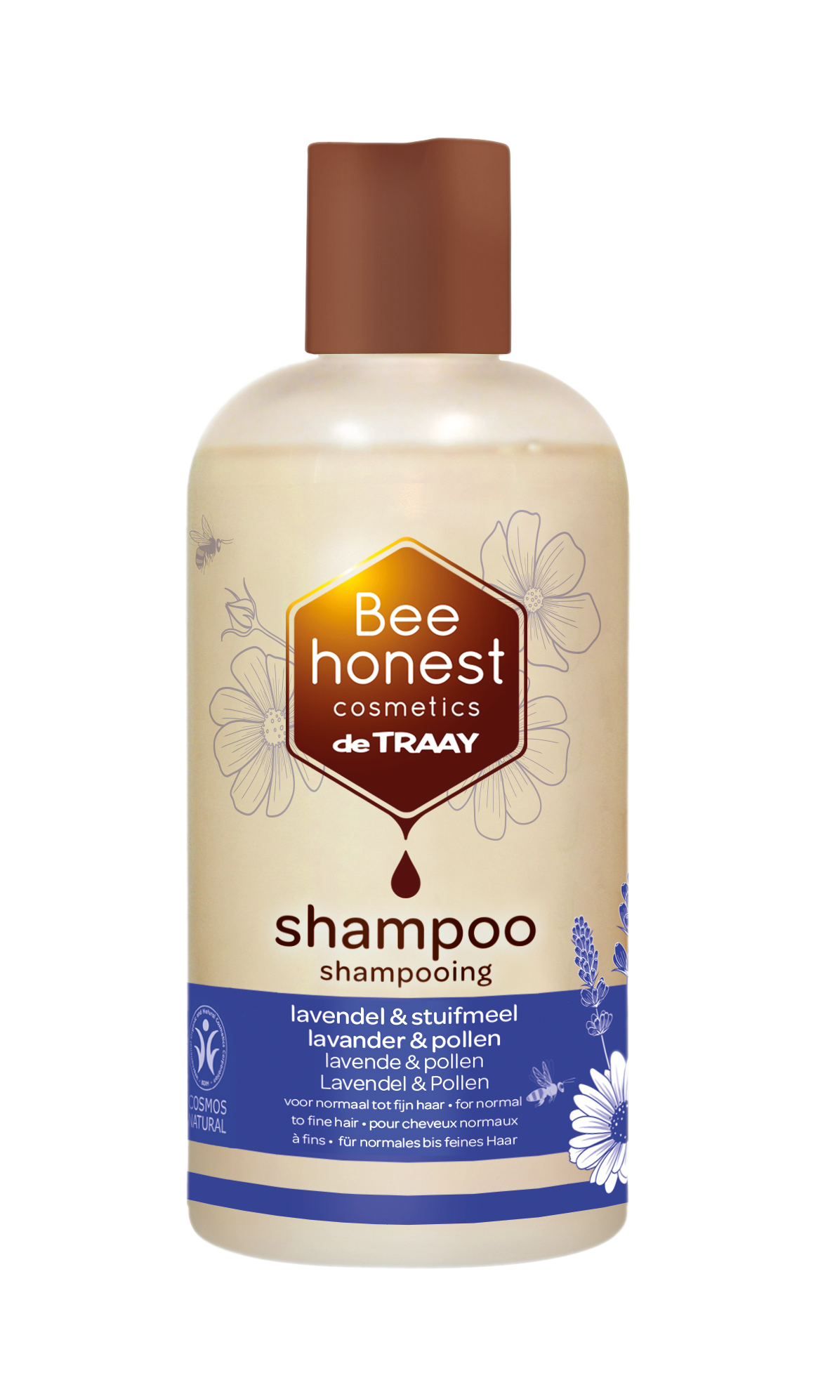Traay Bee Honest lavender and pollen shampoo bottle, 250ml, for hair care with natural ingredients, featuring a white and purple label