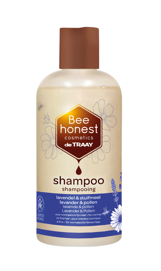Traay Bee Honest lavender and pollen shampoo bottle, 250ml, for hair care with natural ingredients, featuring a white and purple label