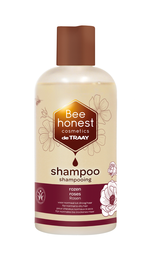 Traay Bee Honest Rose Shampoo bottle, 250ml, for hair care with floral scent and gentle cleansing properties.