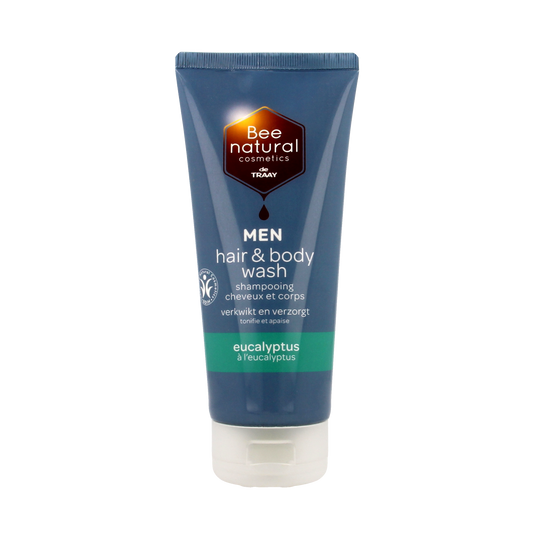 Traay Bee Honest men's eucalyptus hair and body wash in 200ml bottle, bad en douche product with fresh herbal scent.